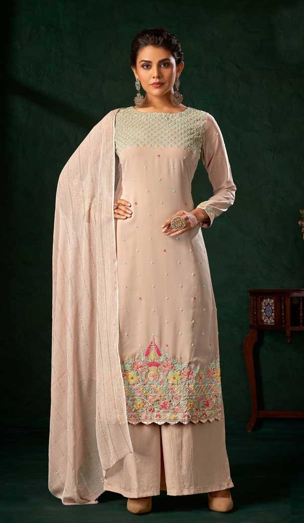 Traditional Pure Viscose With Embroidery Party Wear Palazzo Salwar Kameez In Beige - 8221181161