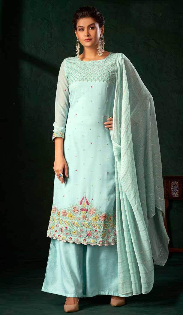 Traditional Pure Viscose With Embroidery Party Wear Palazzo Salwar Kameez In Sky - 8221181162