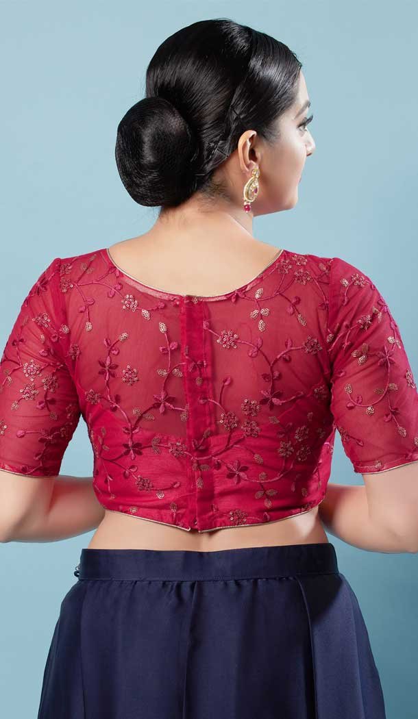 Party Wear Readymade Red Net With Sequins Work Designer Blouse - 8227181210