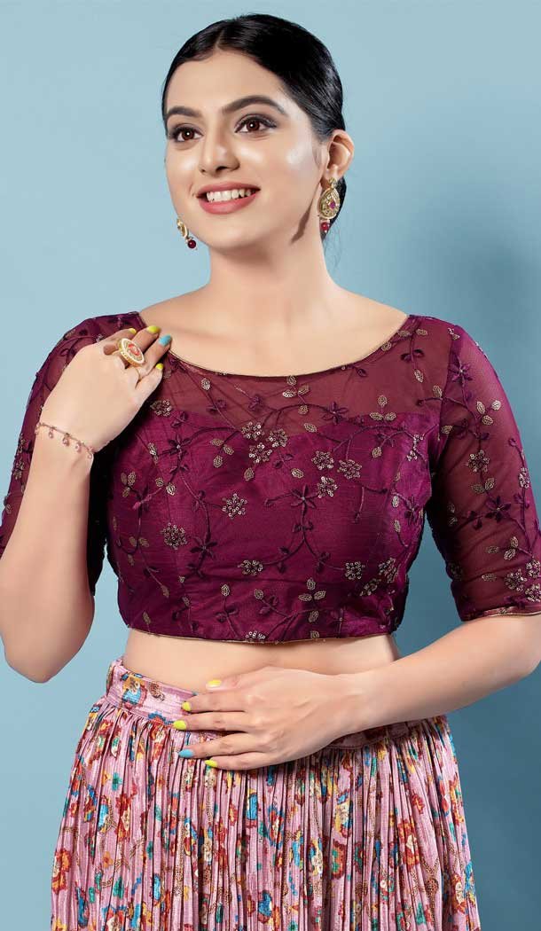 Party Wear Readymade Wine Net With Sequins Work Designer Blouse  - 8227181211