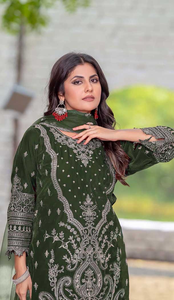 Olive Green Velvet Embroidered Party Wear Pakistani Salwar Suit - 11194199555