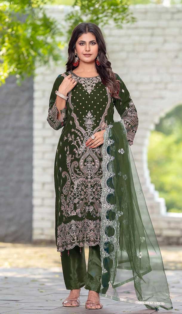 Olive Green Velvet Embroidered Party Wear Pakistani Salwar Suit - 11194199555