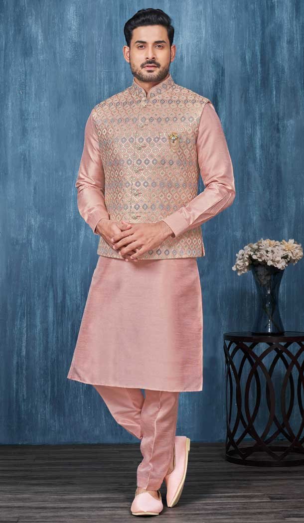 Pink Banarasi Silk Resham Work Men Readymade Kurta Pajama With Jacket - 8232181284