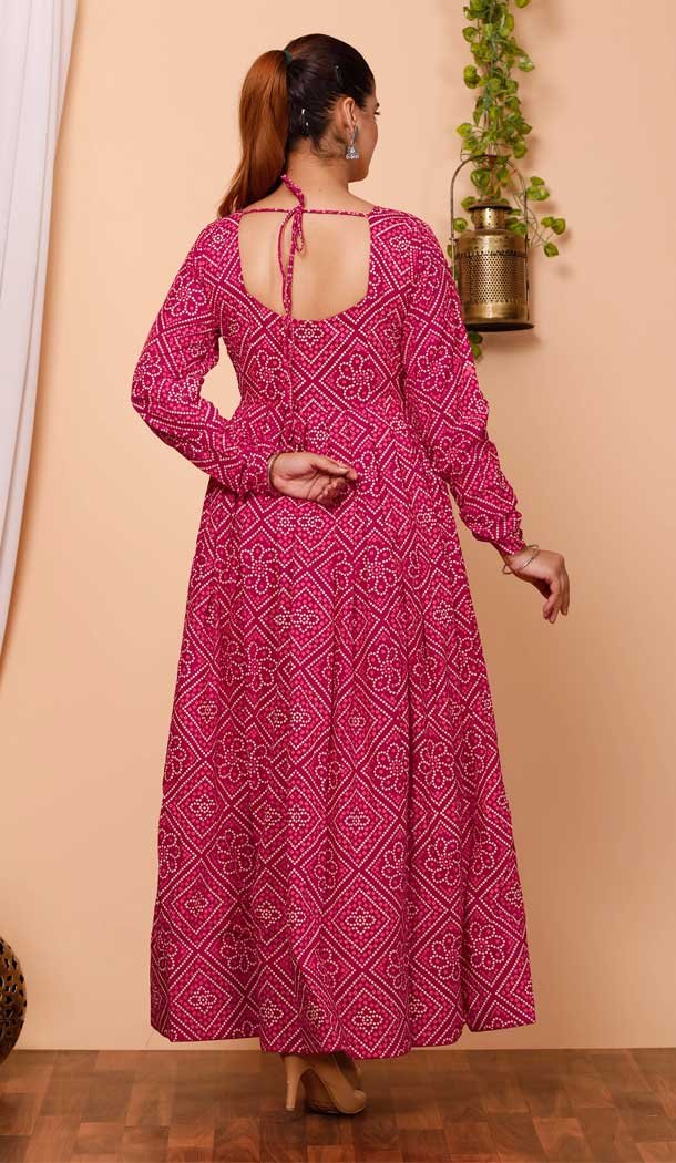 Pure Muslin Bandhej Work Pink Party Wear Readymade Gown With Dupatta - 8275181551