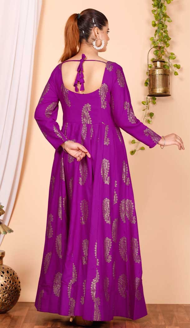 Pure Rayon Foil Print Work Purple Party Wear Readymade Gown With Dupatta - 8275181553