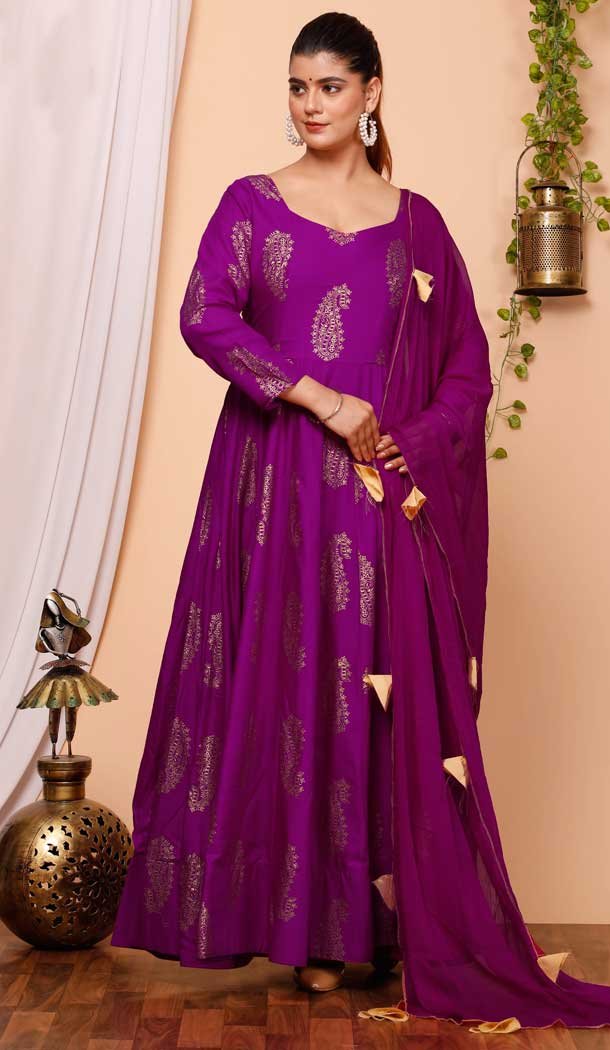 Pure Rayon Foil Print Work Purple Party Wear Readymade Gown With Dupatta - 8275181553