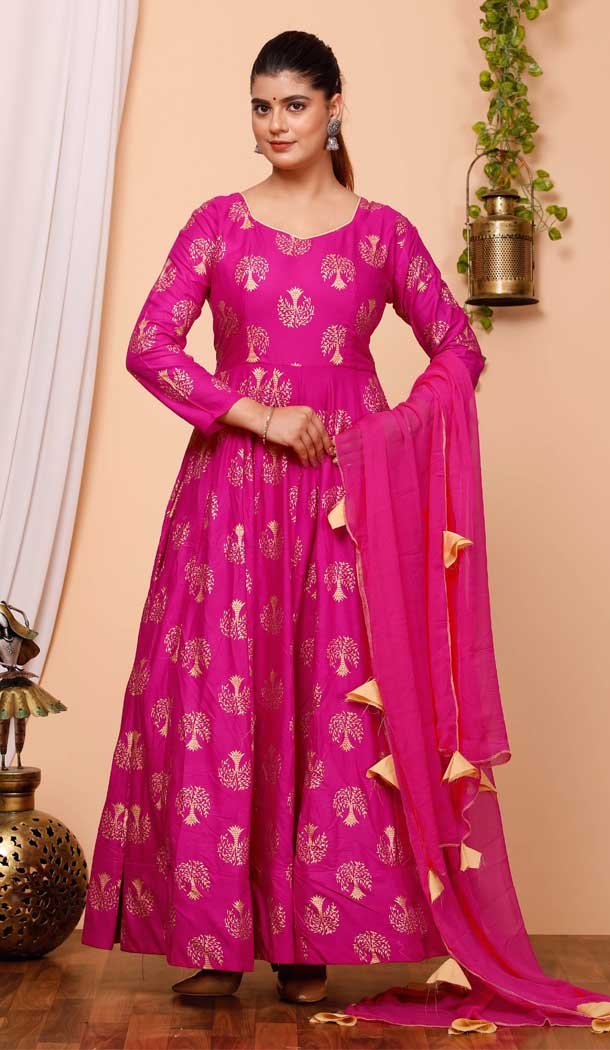 Pure Rayon Foil Print Work Pink Party Wear Readymade Gown With Dupatta - 8275181554