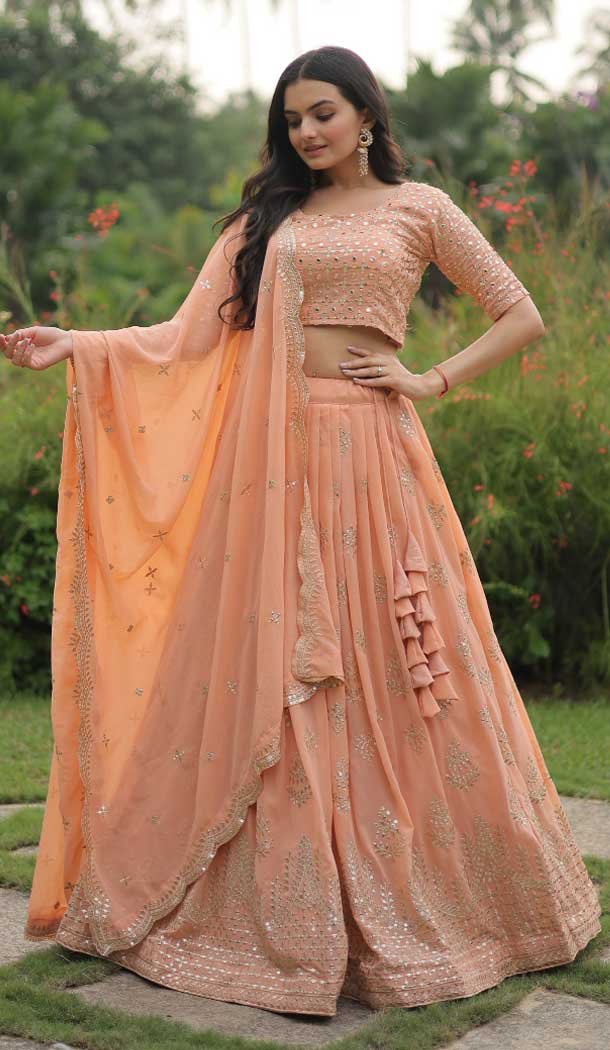 Faux Blooming Zari Embroidery Work Designer Party Wear Lehenga Choli In Peach - 8281181574
