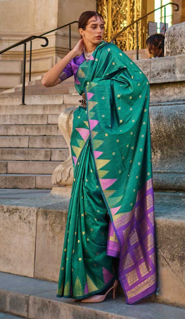Plus Size Women Khadi Silk Woven Work Casual Party Wear Saree In Green - 828181594