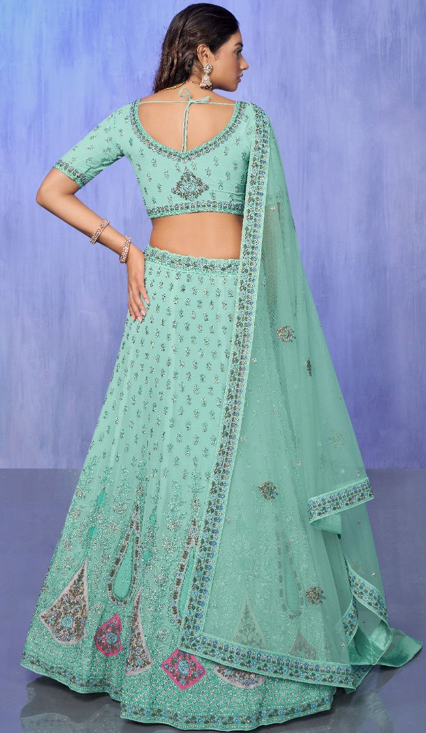 Aqua Georgette With Embroidery Work Designer Wedding Wear Lehenga Choli - 8286181603