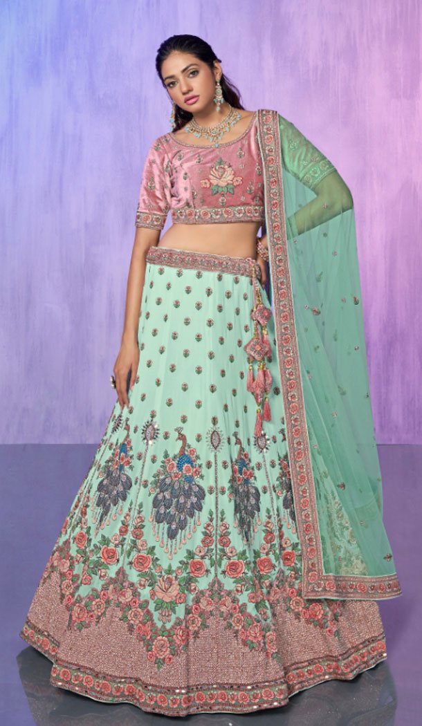 Georgette Aqua With Embroidery Work Designer Wedding Wear Lehenga Choli - 8286181605
