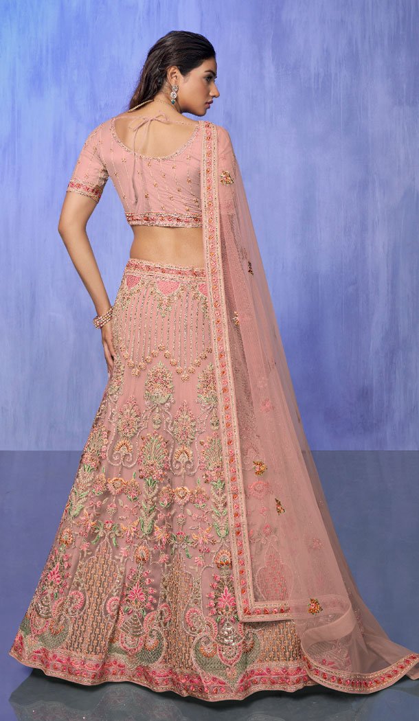 Net Peach With Embroidery Work Designer Wedding Wear Lehenga Choli - 8286181616