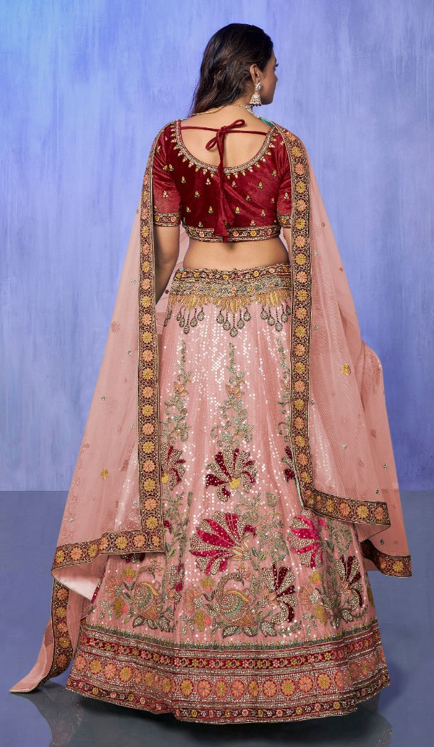Velvet Peach With Embroidery Work Designer Wedding Wear Lehenga Choli - 8286181617
