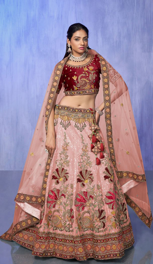 Velvet Peach With Embroidery Work Designer Wedding Wear Lehenga Choli - 8286181617
