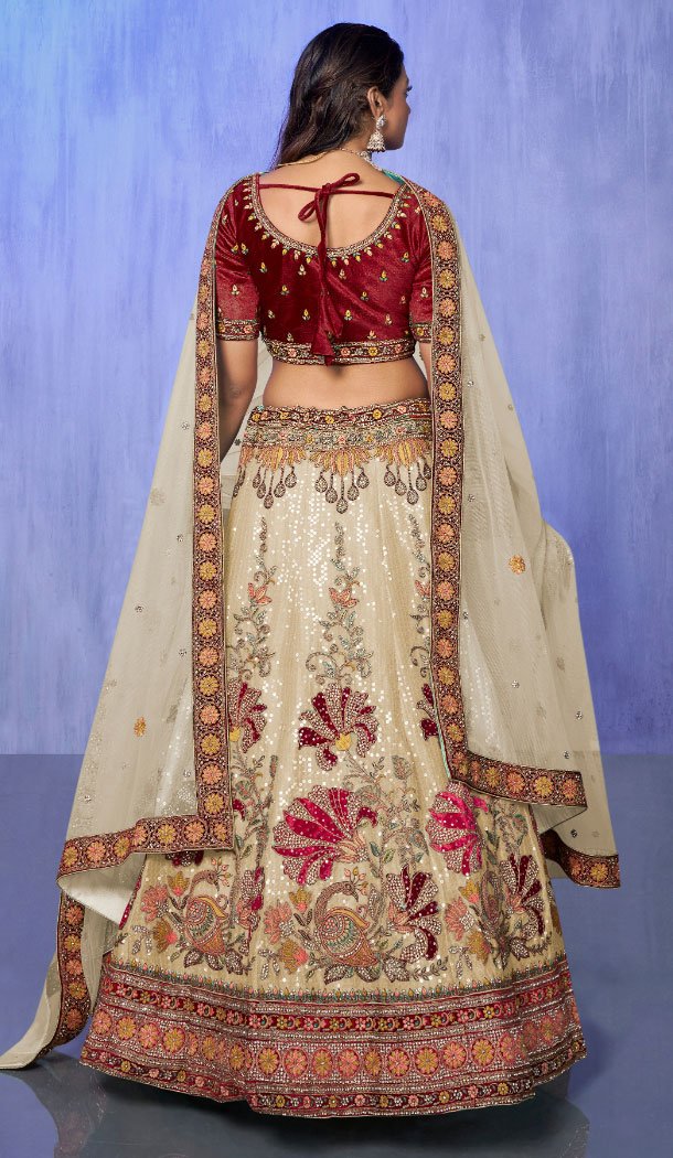 Velvet White With Embroidery Work Designer Wedding Wear Lehenga Choli - 8286181618