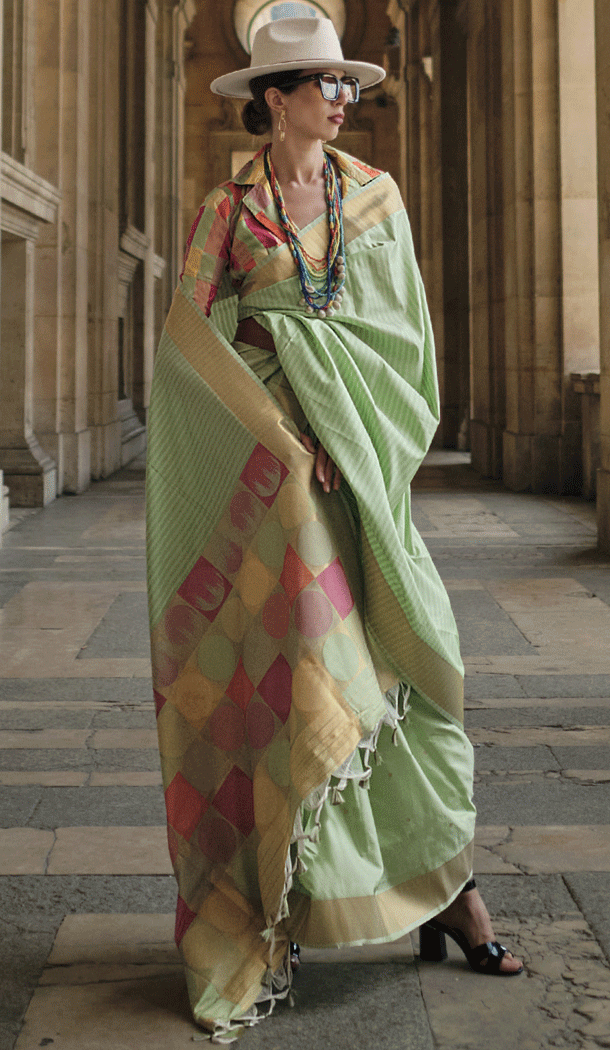 Function Wear Soft Silk Printed With Weaving Work Casual Saree In Pista - 8304181710
