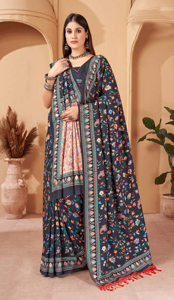 Traditional Black Digital Printed Pashmina Casual Wear Saree - 8306181714