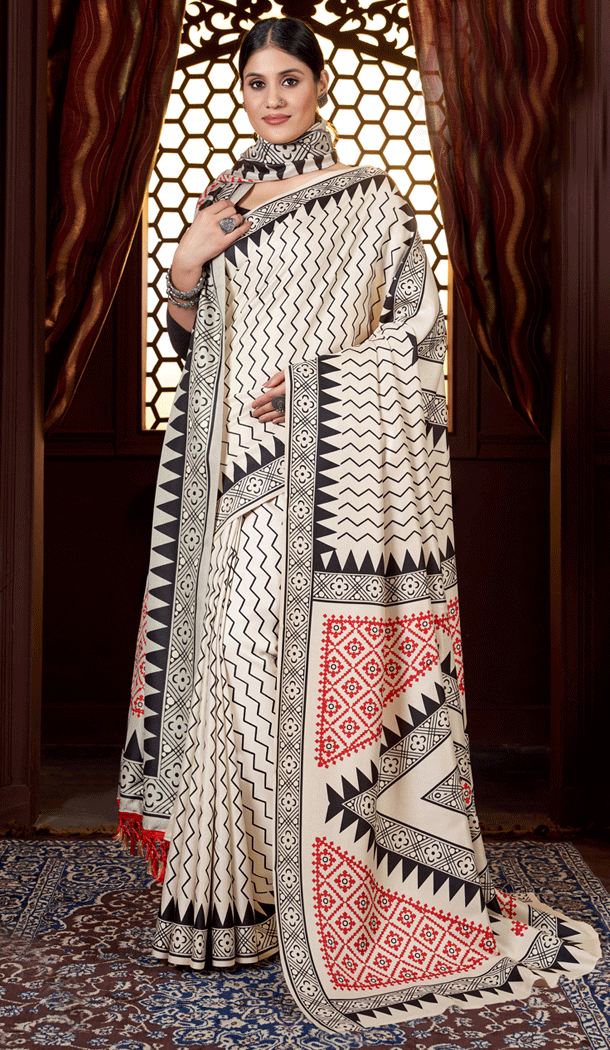 Traditional White Digital Printed Pashmina Casual Wear Saree - 8306181716