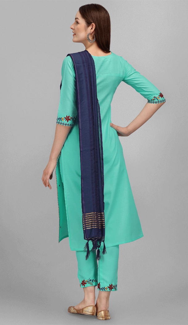Embroidered Cotton Casual Wear Readymade Salwar Kameez In Firozi - 8309181725