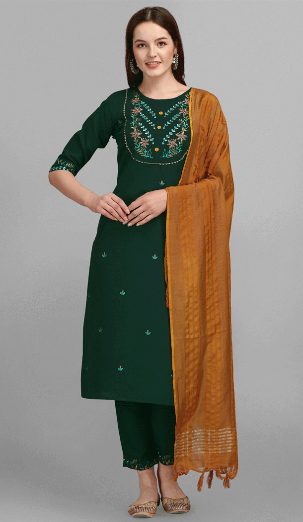 Embroidered Cotton Casual Wear Readymade Salwar Kameez In Green - 8309181726