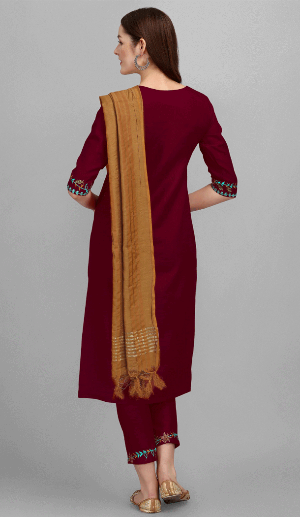 Embroidered Cotton Casual Wear Readymade Salwar Kameez In Maroon - 8309181727