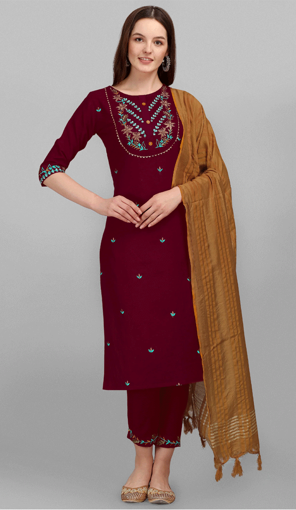 Embroidered Cotton Casual Wear Readymade Salwar Kameez In Maroon - 8309181727