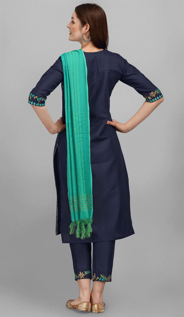 Embroidered Cotton Casual Wear Readymade Salwar Kameez In Navy Blue - 8309181728