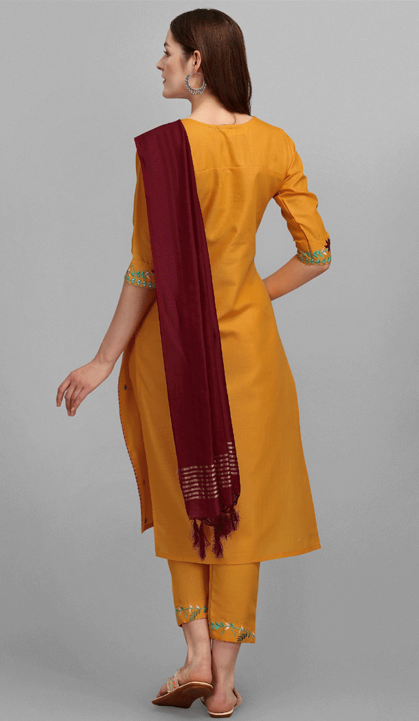 Embroidered Cotton Casual Wear Readymade Salwar Kameez In Mustard - 8309181729