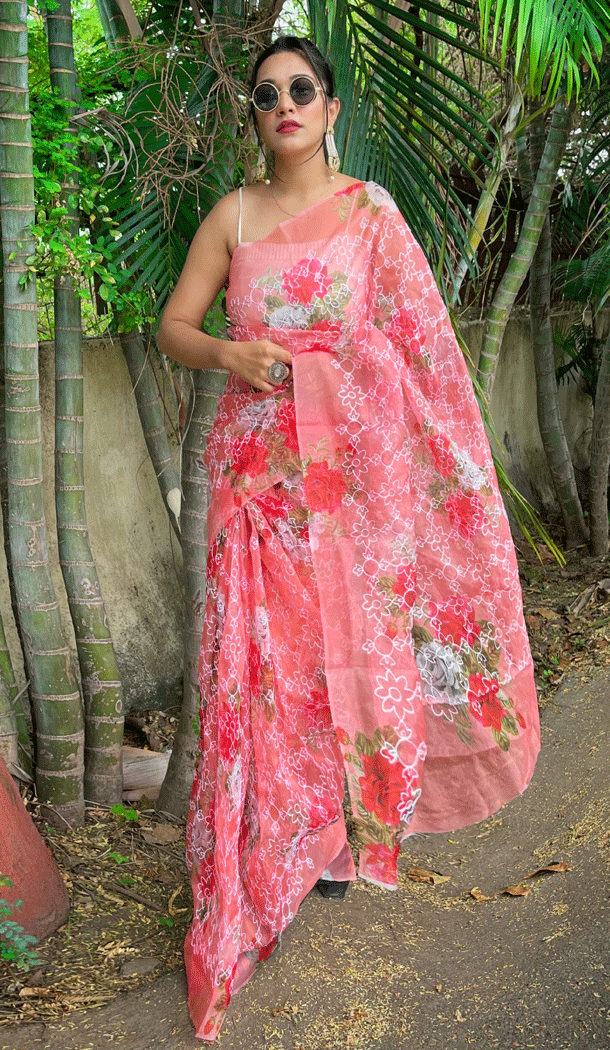 Party Wear Embroidery Work Organza Saree Blouse In Pink - 8311181737