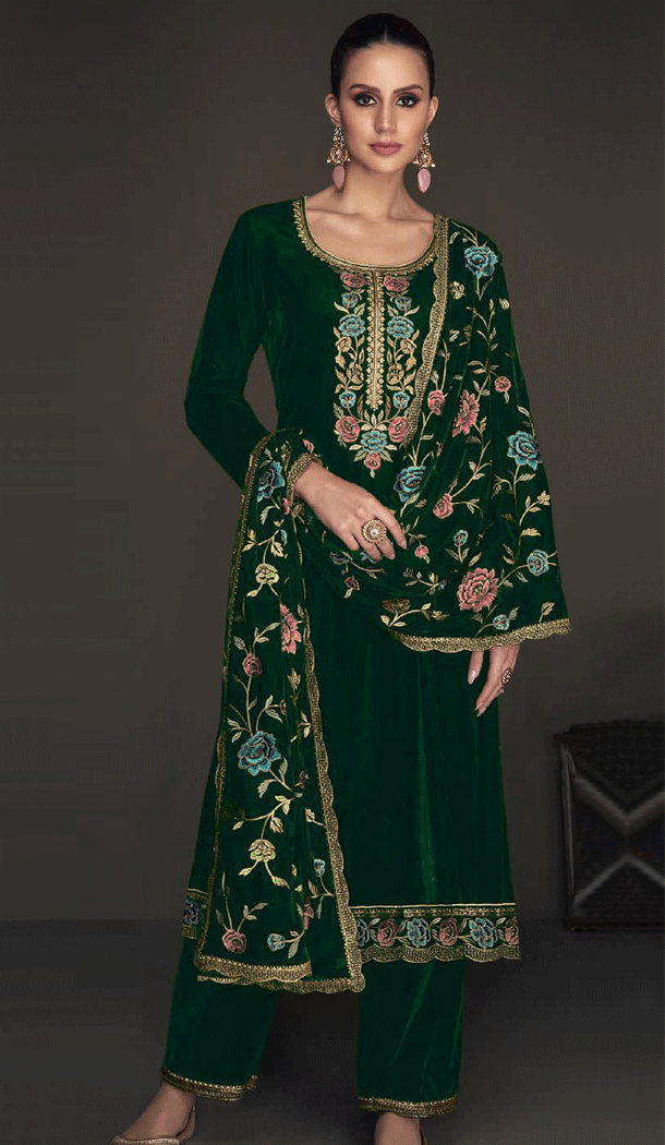 Party Wear Velvet Embroidery Work Pakistani Salwar Kameez In Green - 8318181760