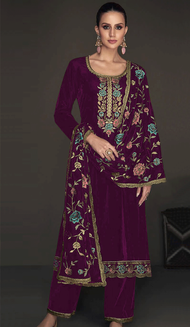 Party Wear Velvet Embroidery Work Pakistani Salwar Kameez In Purple - 8318181761