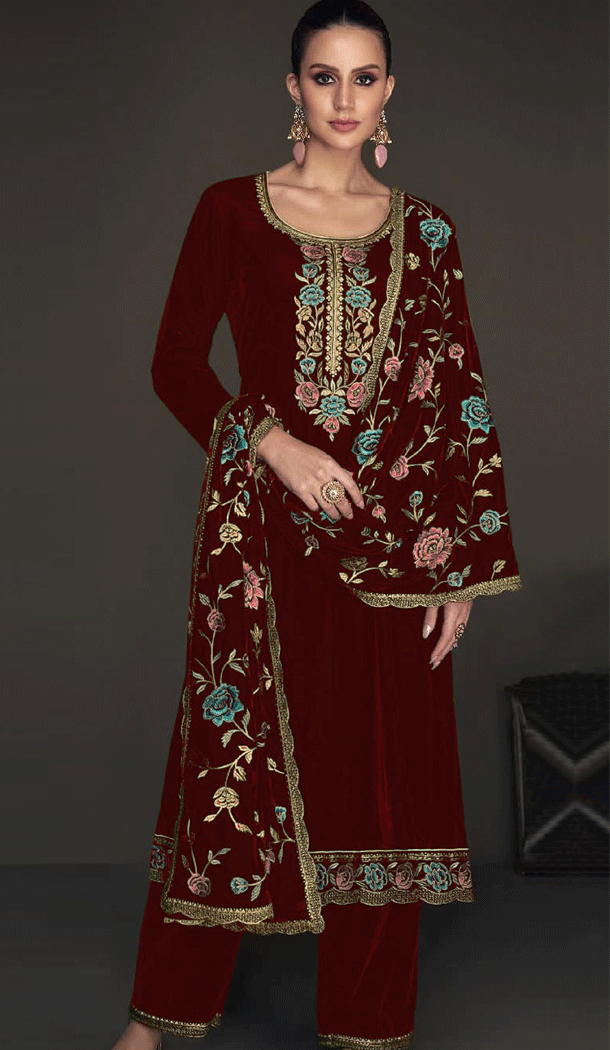 Party Wear Velvet Embroidery Work Pakistani Salwar Kameez In Maroon - 8318181763