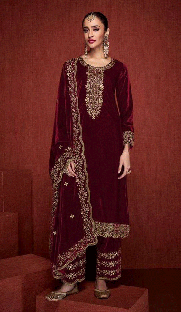 Maroon Color Velvet Embroidery Work Designer Party Wear Salwar Suit - 8319181767