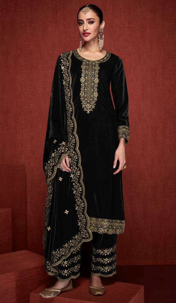 Black Color Velvet Embroidery Work Designer Party Wear Salwar Suit - 8319181768