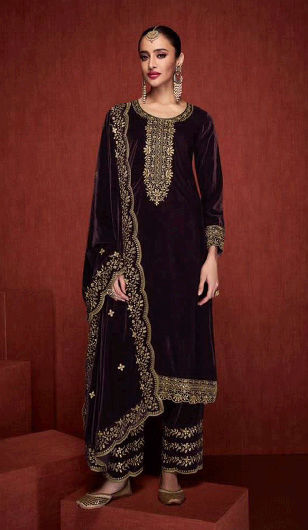 Purple Color Velvet Embroidery Work Designer Party Wear Salwar Suit - 8319181769