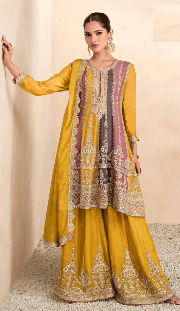 Wonderful Yellow Real Chinon Embroidery Work Party Wear Palazzo Suit - 8321181775