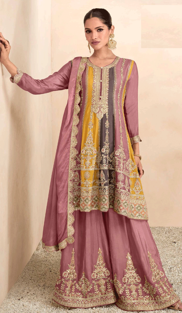 Elegant Pink Real Chinon Embroidery Work Party Wear Palazzo Suit - 8321181776