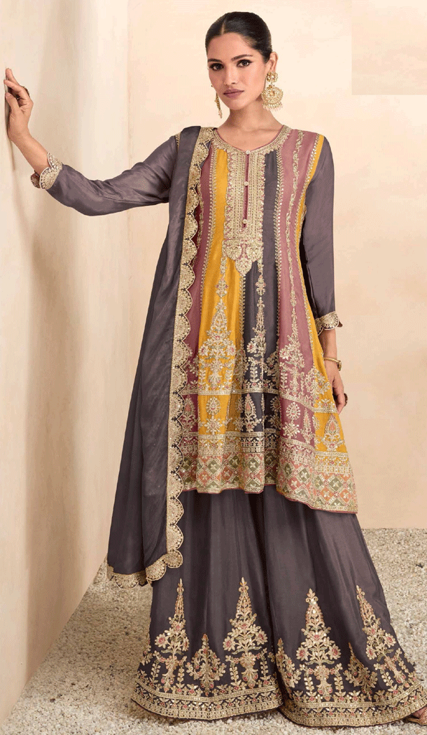 Stunning Grey Real Chinon Embroidery Work Party Wear Palazzo Suit - 8321181777