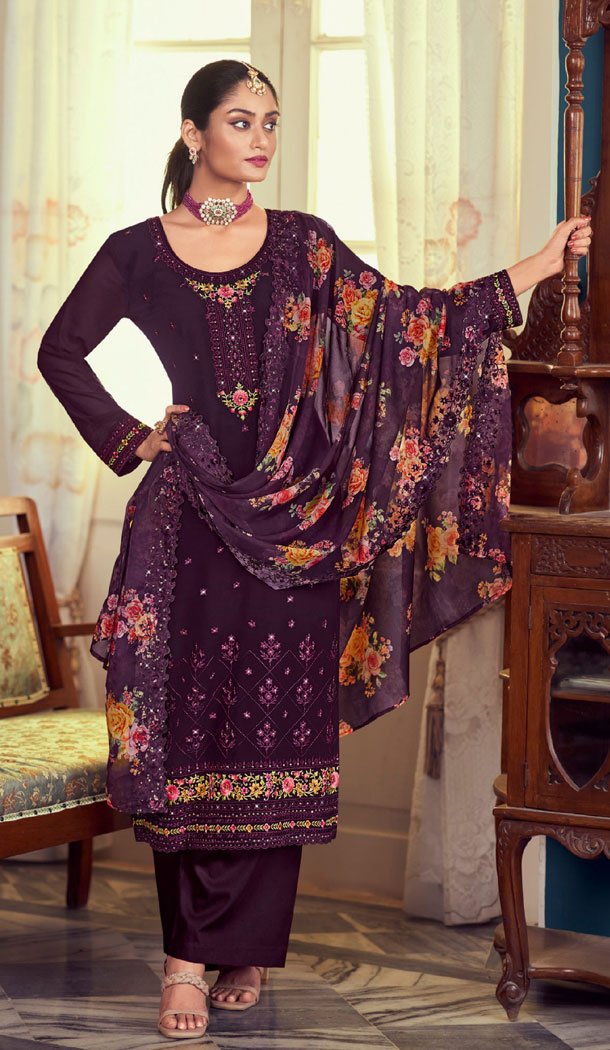 Designer Embroidery Work Georgette Party Wear Salwar Kameez In Wine - 8347181915