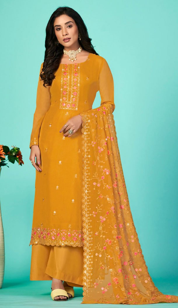 Embroidered Organza Yellow Designer Party Wear Palazzo Salwar Kameez - 8348181921