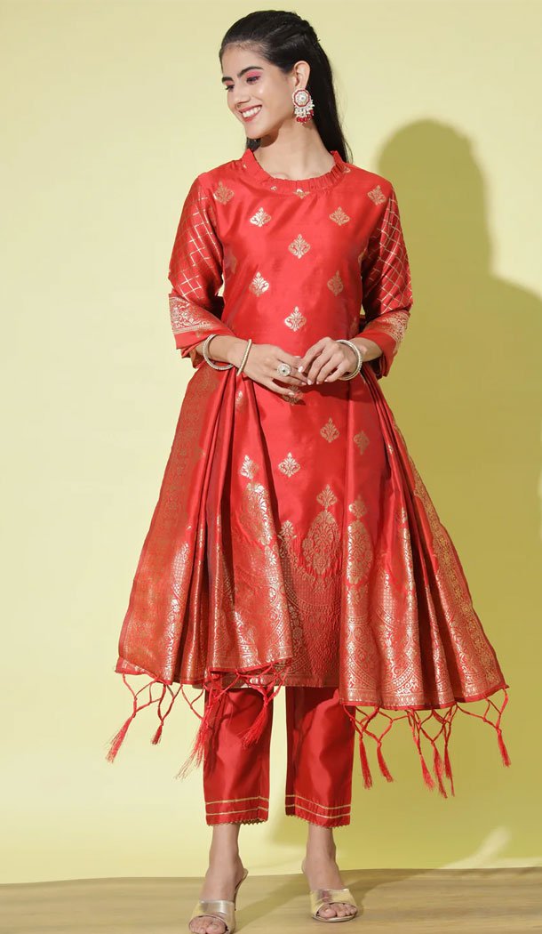 Red Traditional Cotton Silk Woven Work Casual Wear Readymade Salwar Suit - 8354181953
