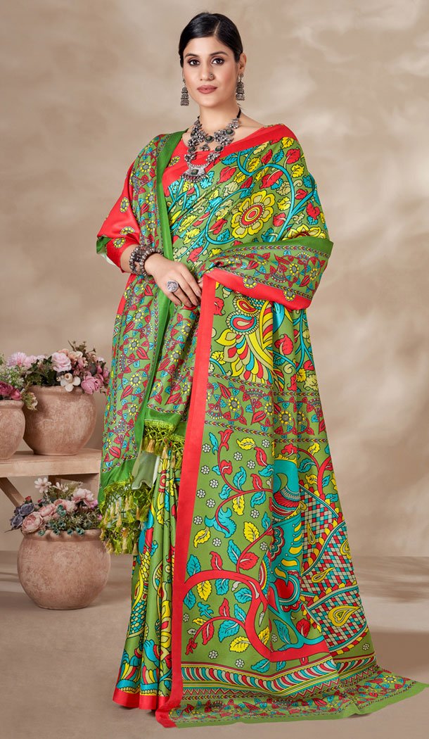 Pashmina Digital Print Work Designer Saree In Green - 8361181988 Pashmina Digital Print Work Designer Saree In Green - 8361181988