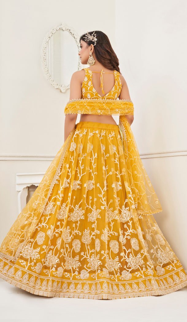 Butterfly Net With Embroidery Work Designer Lehenga Choli In Yellow - 8370182018