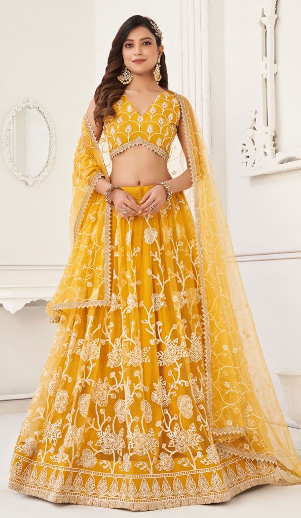Butterfly Net With Embroidery Work Designer Lehenga Choli In Yellow - 8370182018