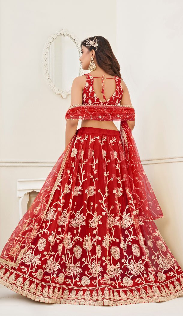 Butterfly Net With Embroidery Work Designer Lehenga Choli In Red - 8370182019