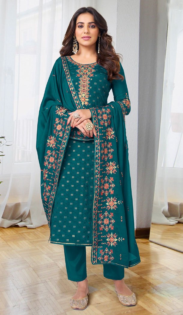 Aqua Blue Georgette Embroidery Work Pakistani Salwar Kameez - 8411182261