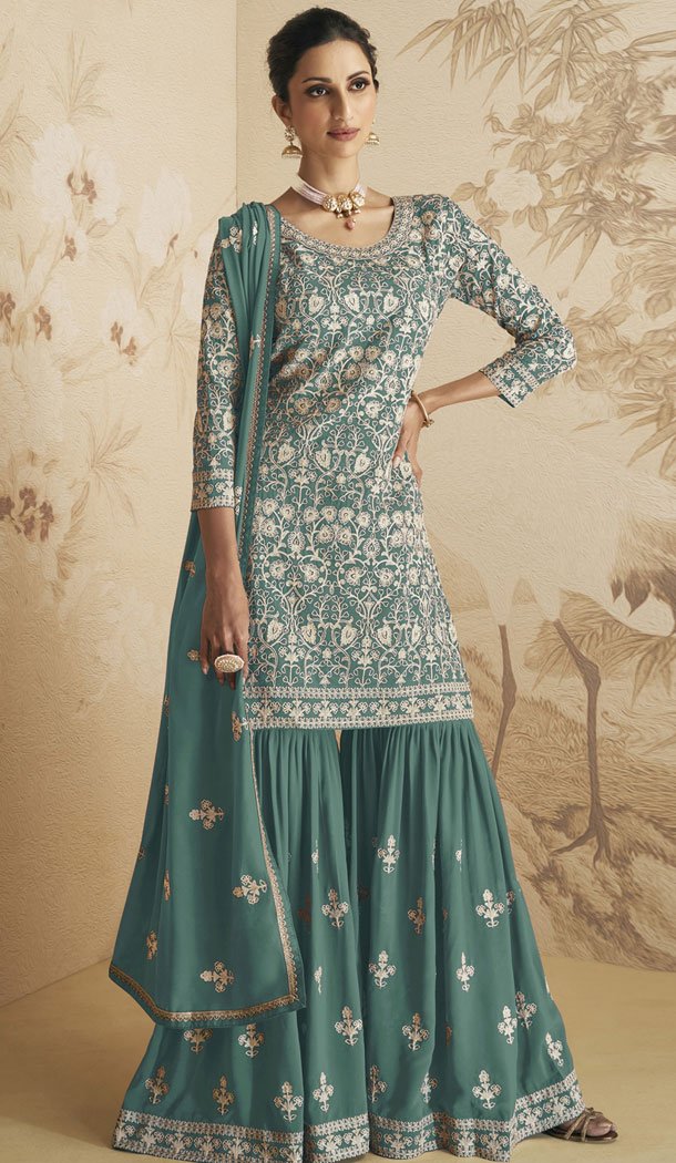 Light Green Georgette Embroidery Work Pakistani Sharara Suit - 8414182279