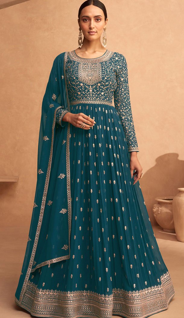 Georgette Embroidery Work Anarkali Style Salwar Suit In Teal Blue - 8415182281