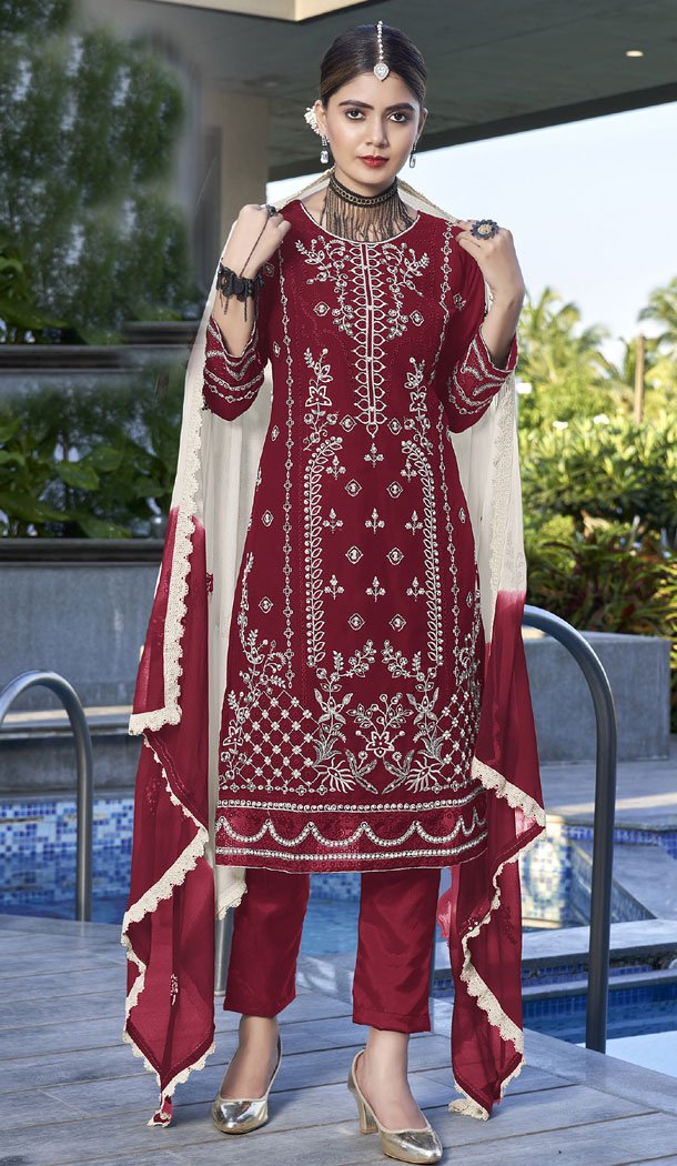 Heavy Georgette Embroidery Work Pakistani Salwar Suit In Maroon - 8426182371