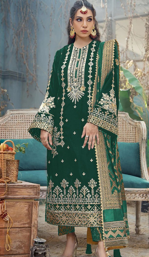 Georgette Green Color Embroidery Work Pakistani Salwar Suit - 8430182392